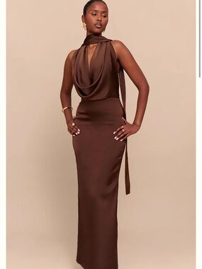 Satin Cowl Neck Drape Maxi Dress